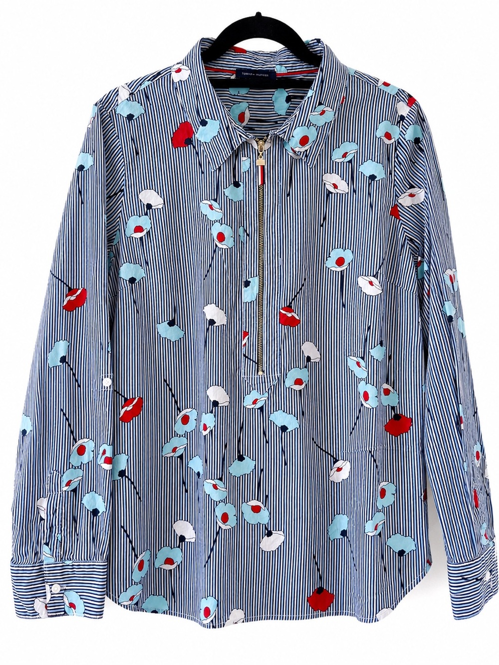 Tommy Hilfiger XL Floral Stripe Half Zip Popover Shirt Blue White Cotton